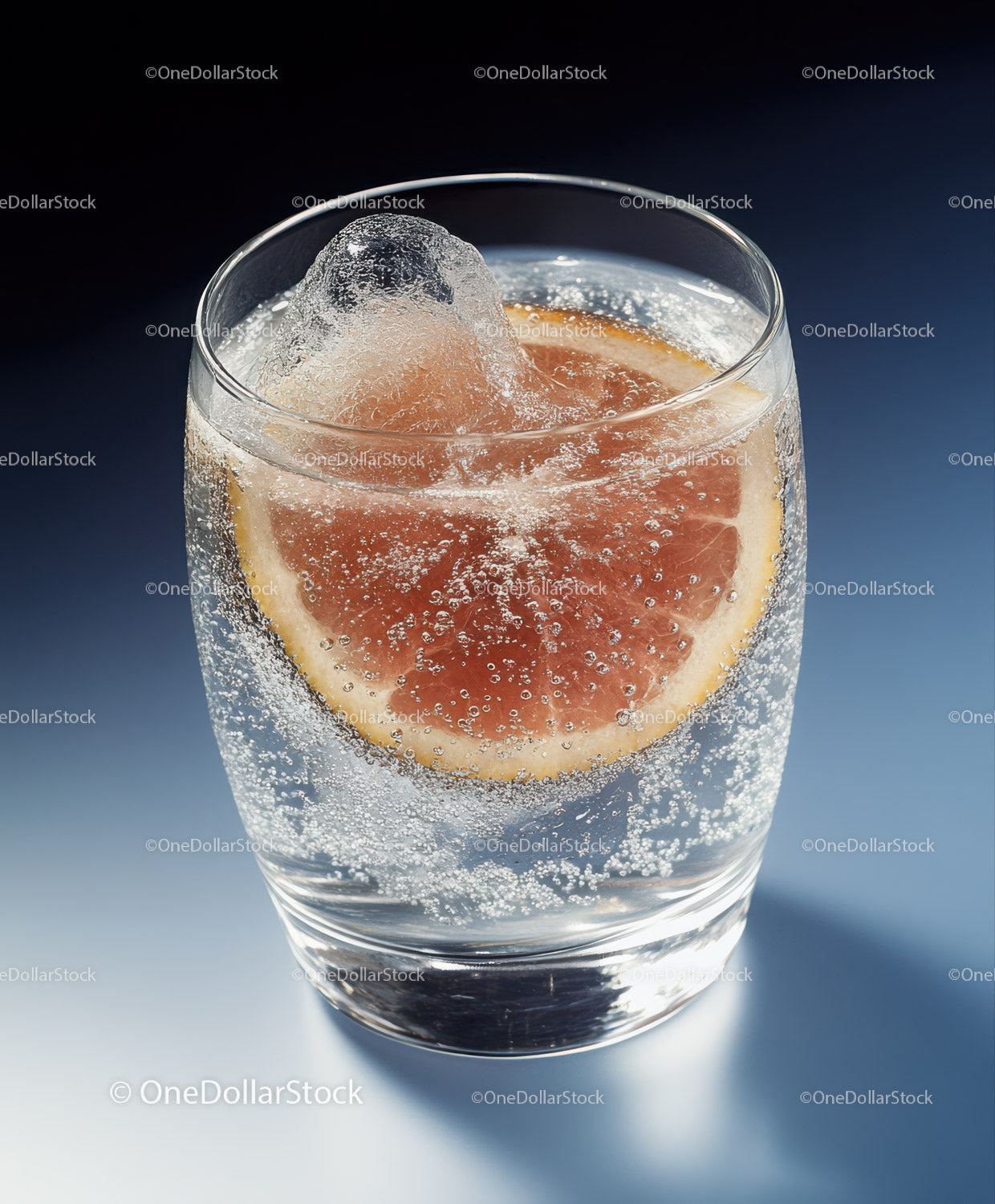 Sparkling Water with Grapefruit Slice and Ice Cube on Dark Background