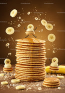 Stack of fluffy pancakes with playful banana characters