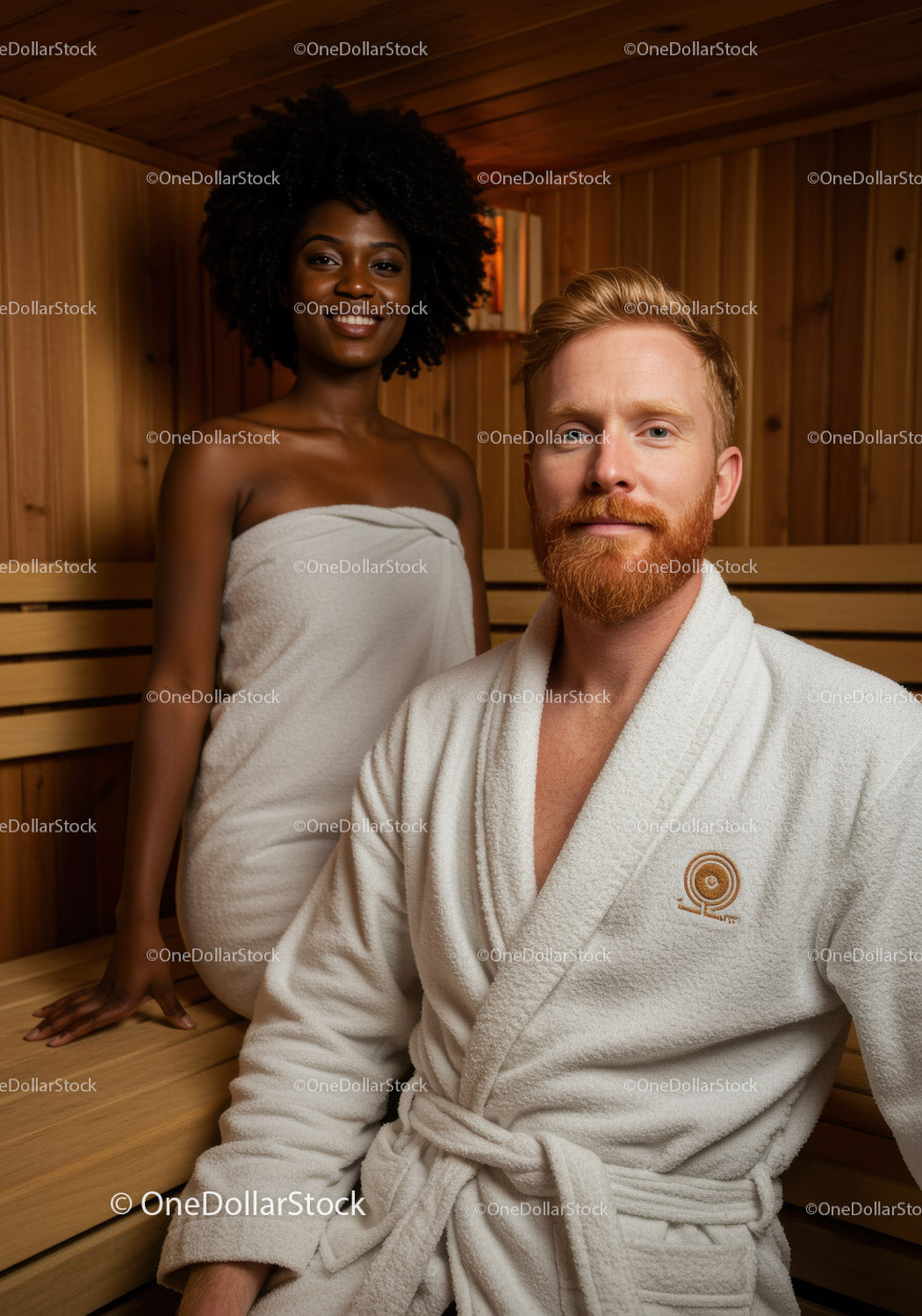 Smiling Couple in Sauna Room Engaged in Wellness and Relaxation