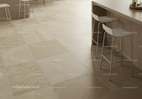 Modern Kitchen Bar Area with Beige Tile Flooring and White Chairs
