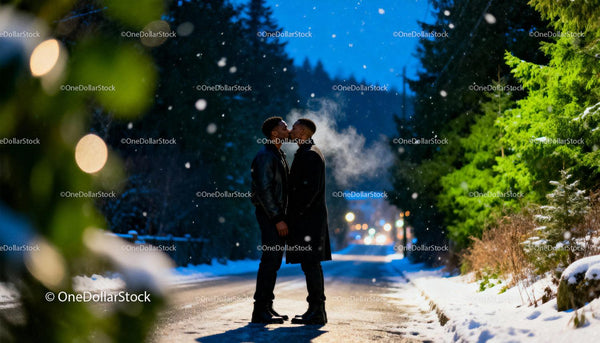 Romantic winter kiss between couple on snowy street