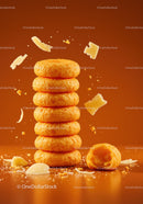 Stack of crispy cheese snacks with flying cheese slices