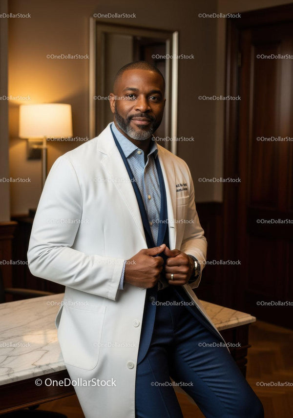 Confident Male Doctor in White Coat Standing in Hospital Office