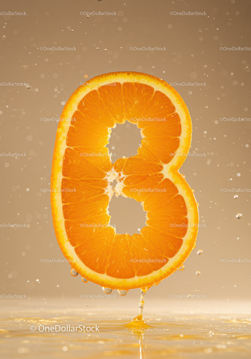 Fresh Orange Slice Shaped Like Letter B in Water Splash