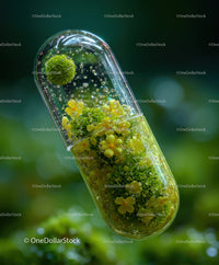 Green Herbal Capsule with Liquid and Herbs in Transparent Gel Cap