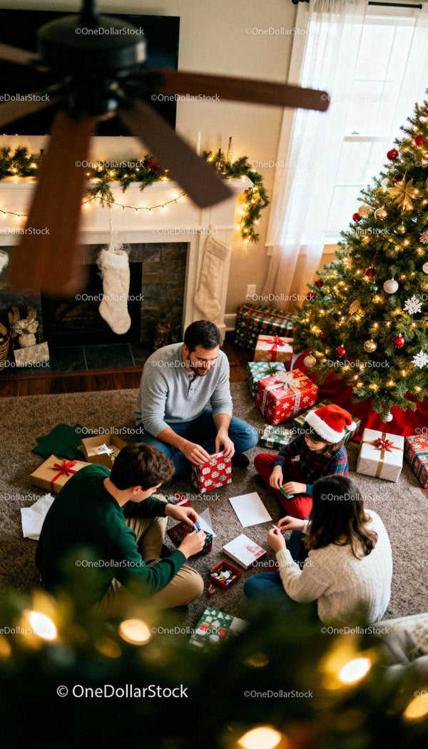 Family wrapping Christmas gifts by decorated tree