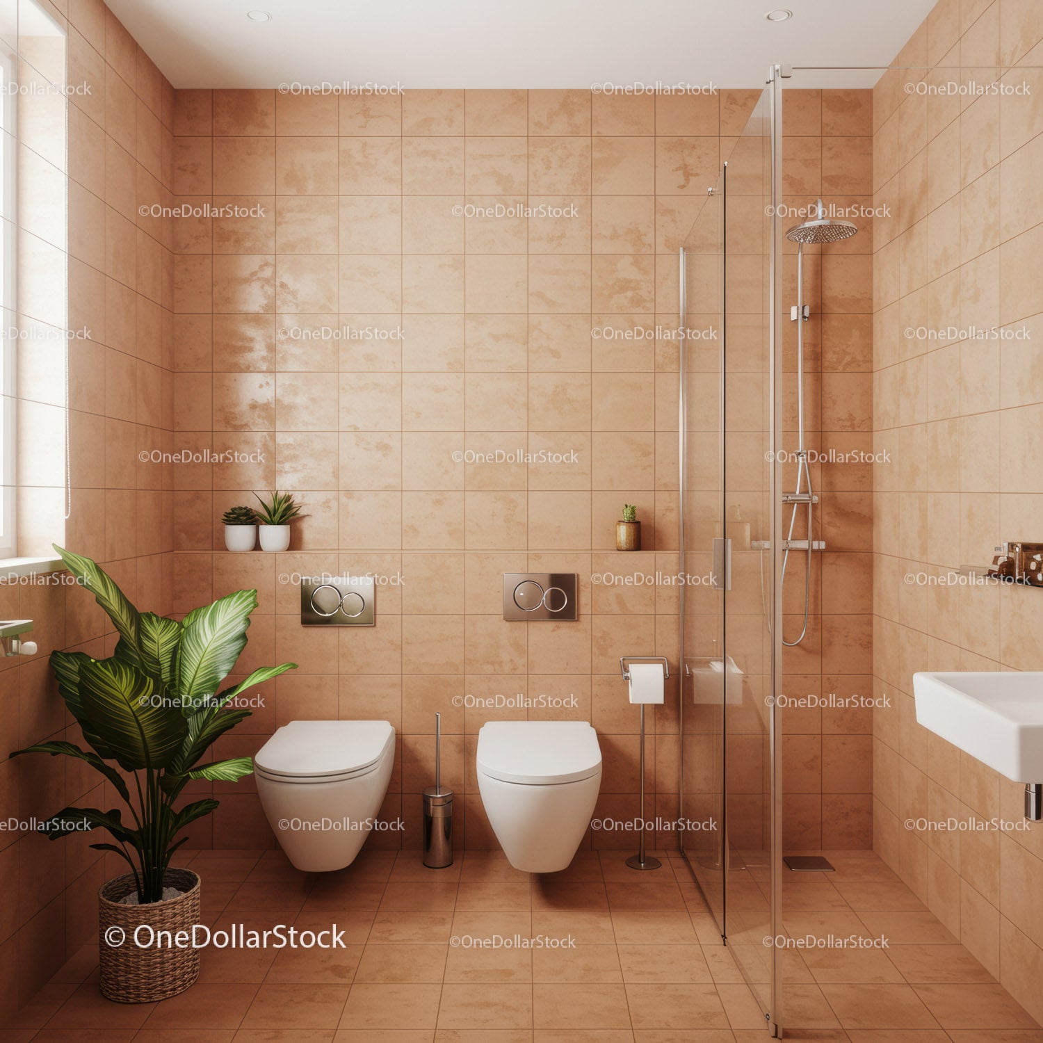 Modern Beige Tiled Bathroom with Walk-in Shower and Potted Plant