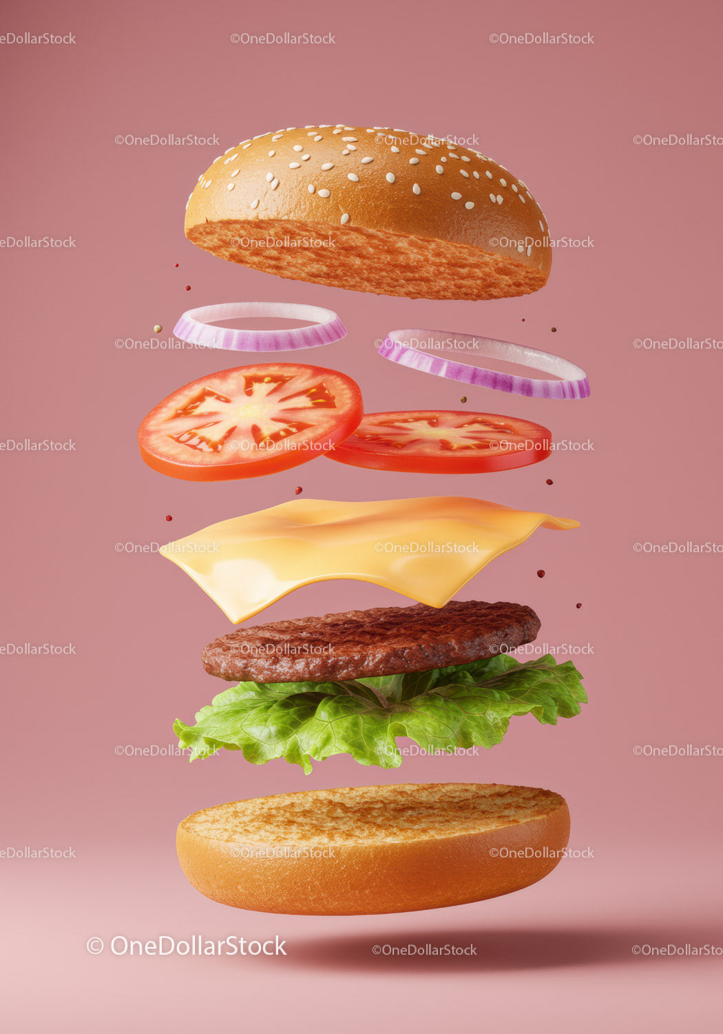 Floating cheeseburger layers with fresh vegetables