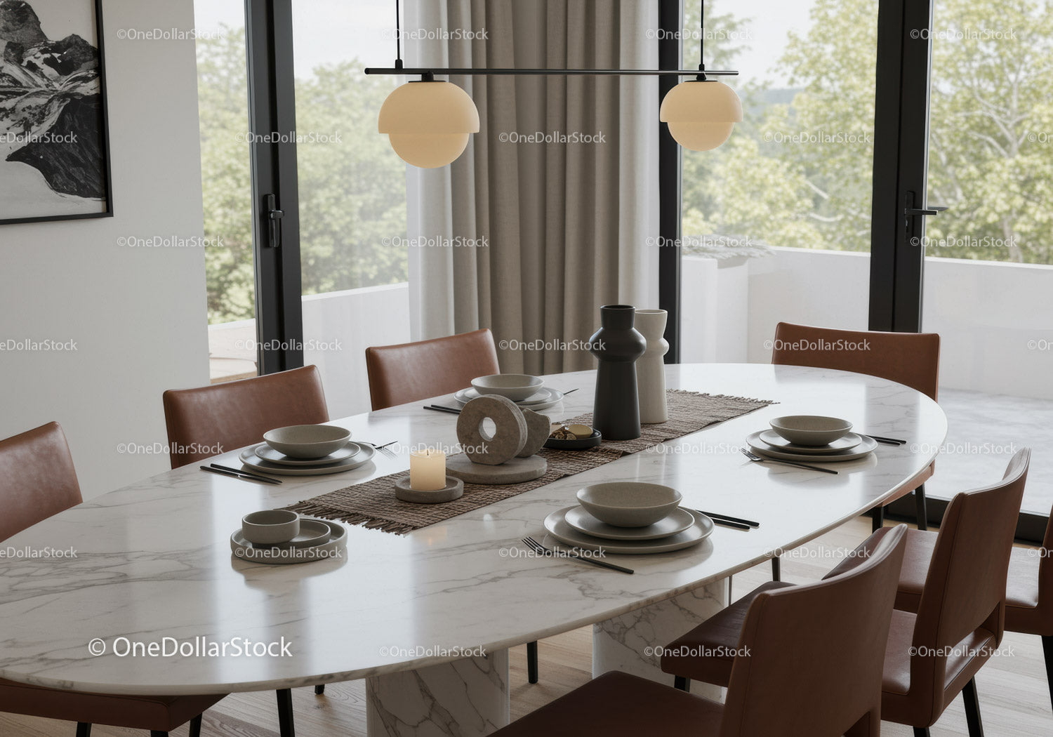 Elegant Modern Dining Room with Marble Table and Stylish Pendant Lighting