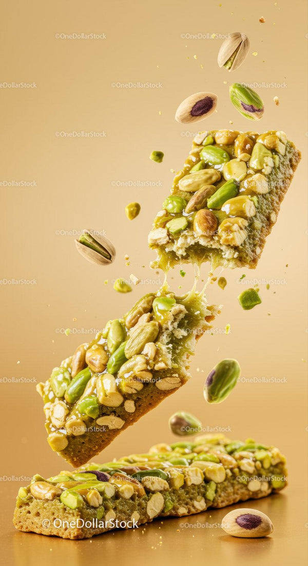 Pistachio Nut Energy Bar Breaking in Midair
