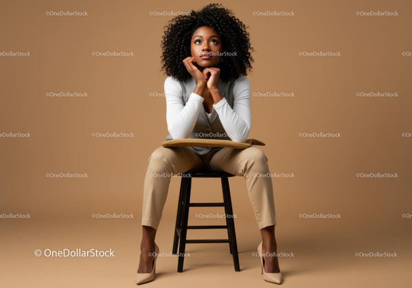 Elegant Young Woman with Curly Hair Sitting on a Stool in Studio