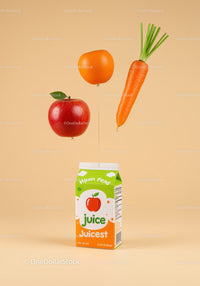 Fresh juice carton with floating fruit and vegetable balloons