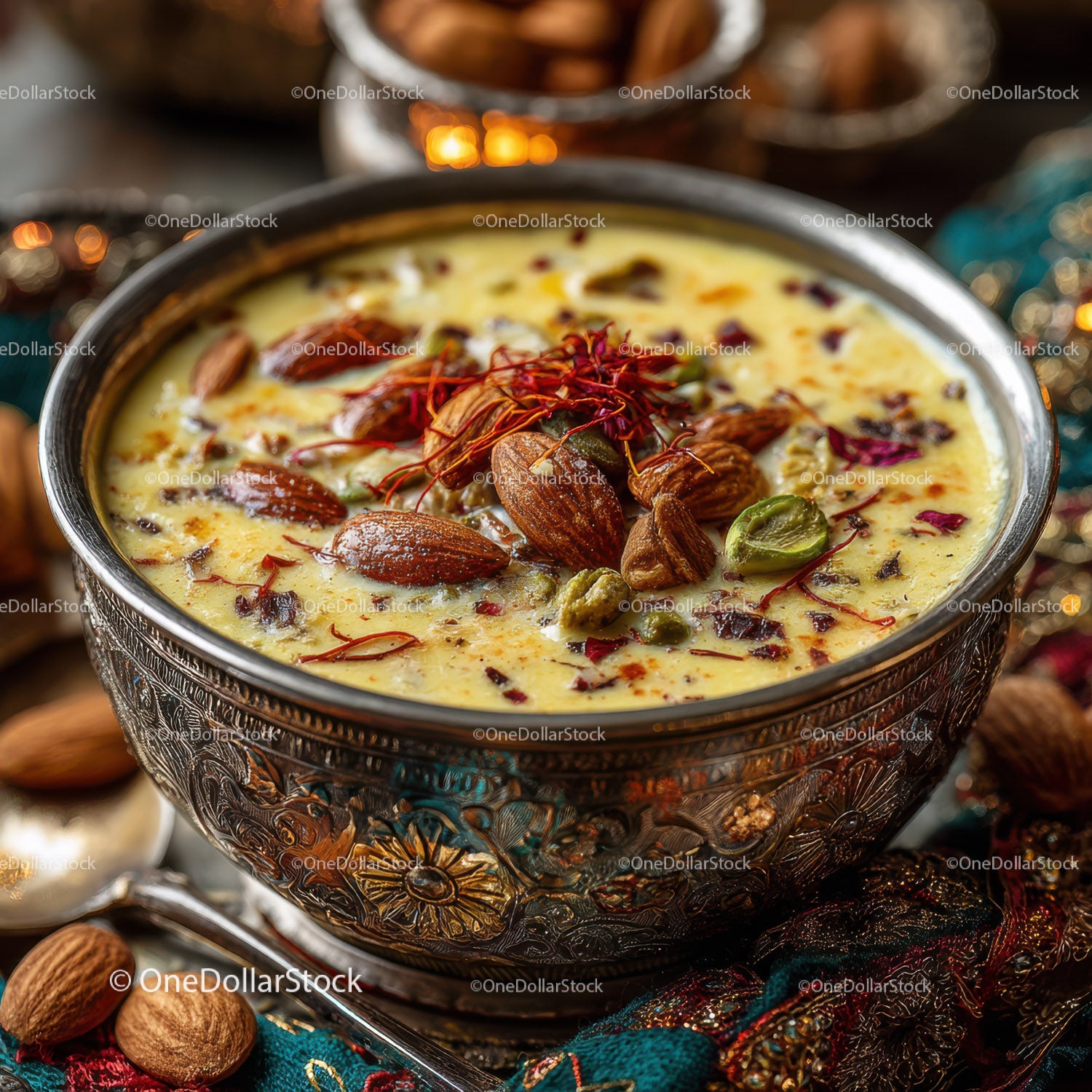 Rich Kesar Kulfi Desert with Nuts and Saffron in Decorative Bowl
