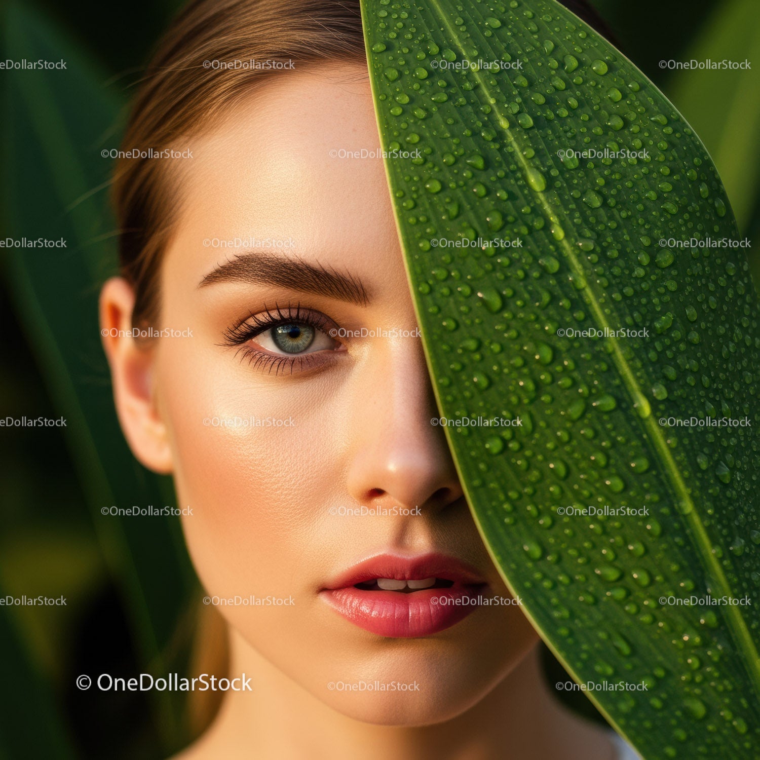 Portret kobiety z zielonymi liśćmi i kroplami wody w naturze