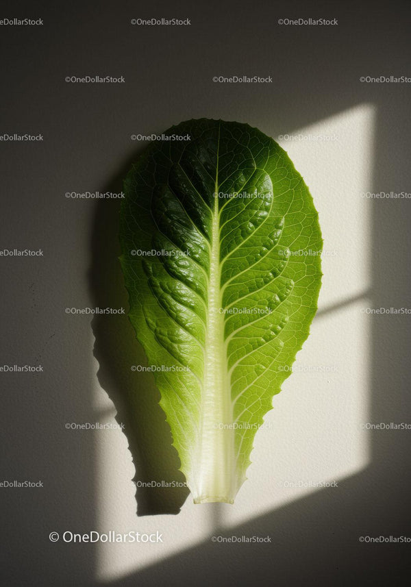 Fresh green lettuce leaf illuminated by soft sunlight