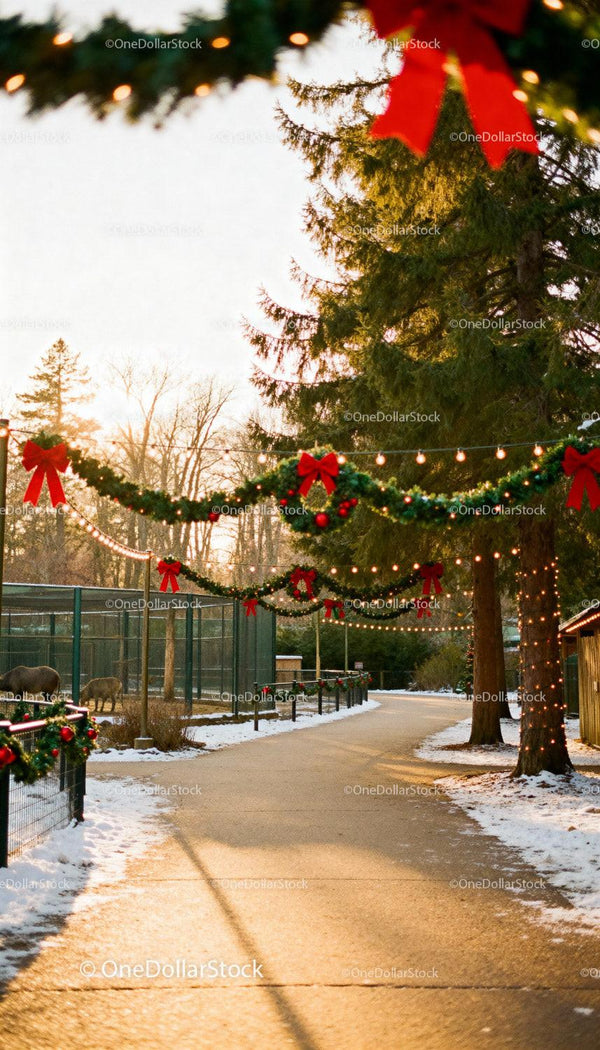 Winter Pathway Decorated with Festive Holiday Lights and Wreaths