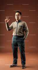 Confident Male Model in Casual Stylish Outfit Standing in Studio