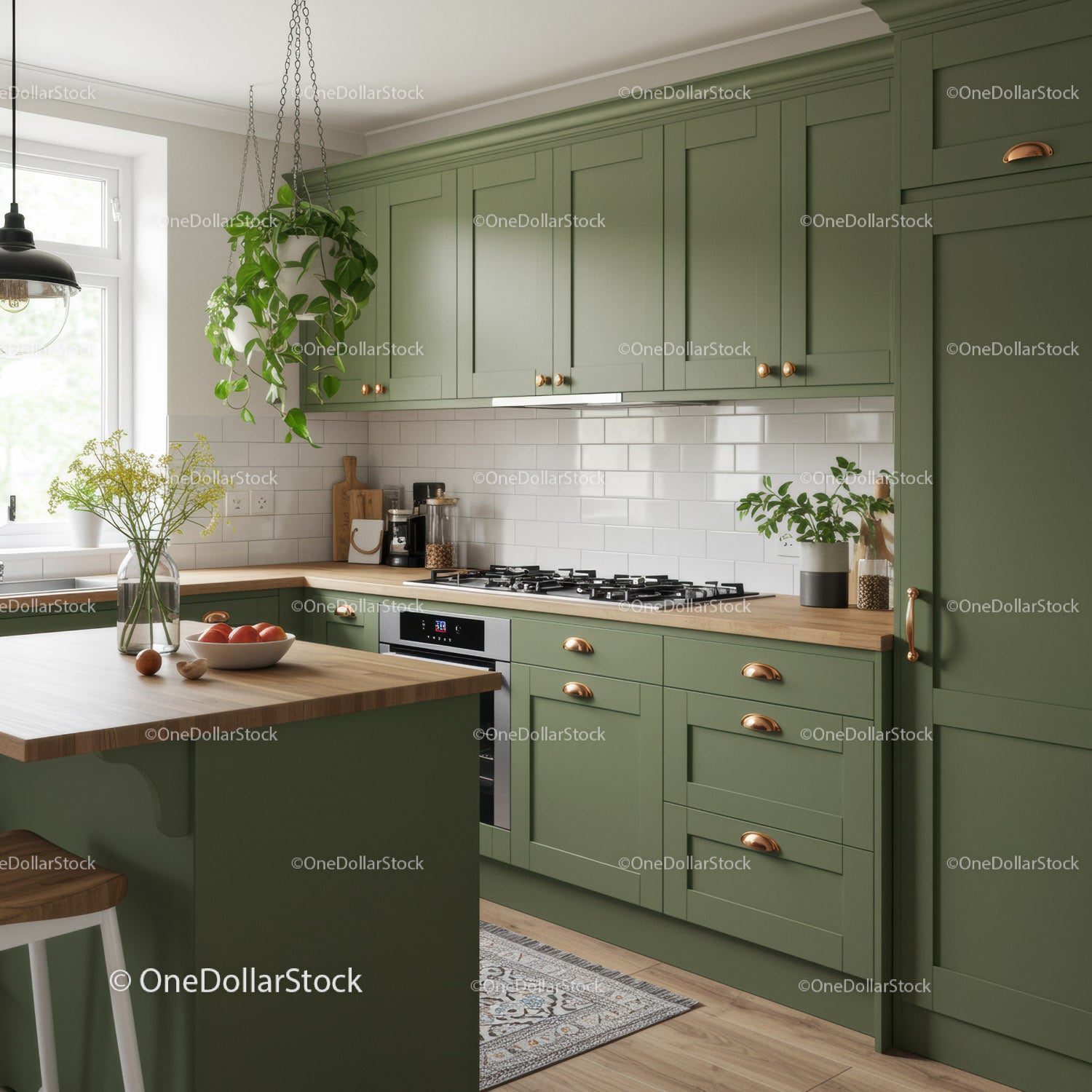 Modern Green Kitchen with Wooden Countertop and Cozy Decor