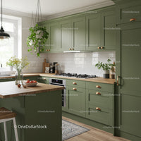 Modern Green Kitchen with Wooden Countertop and Cozy Decor