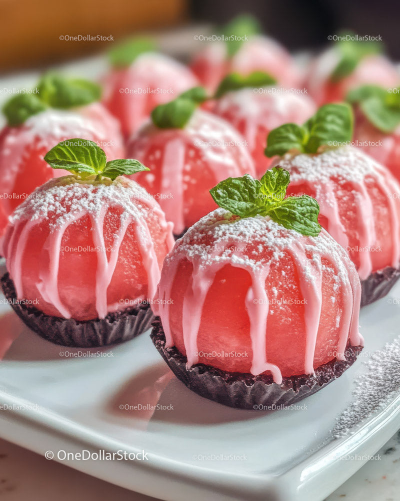Pink Strawberry Glazed Cupcakes with Mint Garnish on White Plate