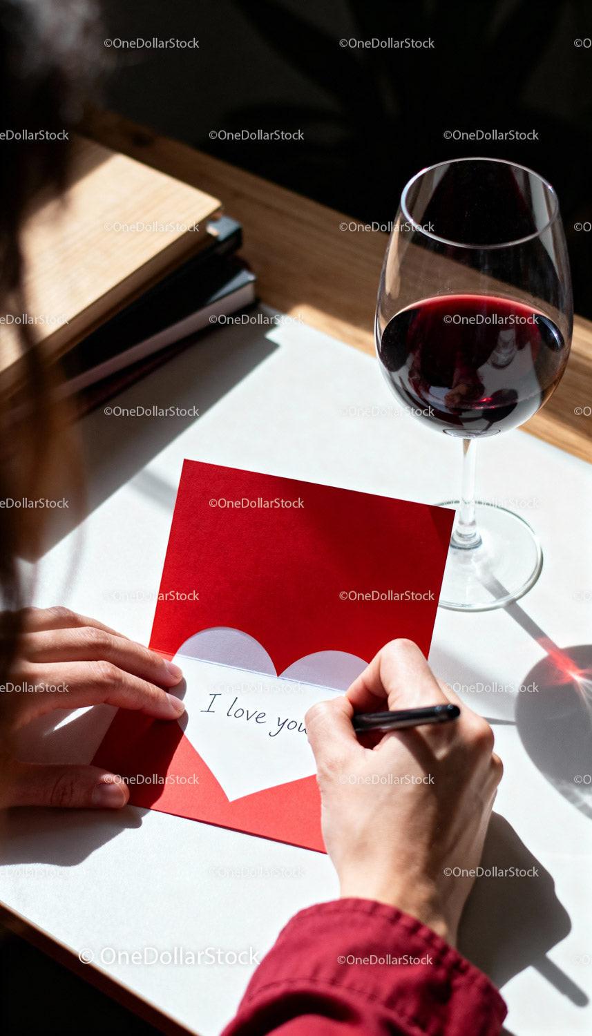 Handwriting a Romantic Love Note with Red Wine Closeup