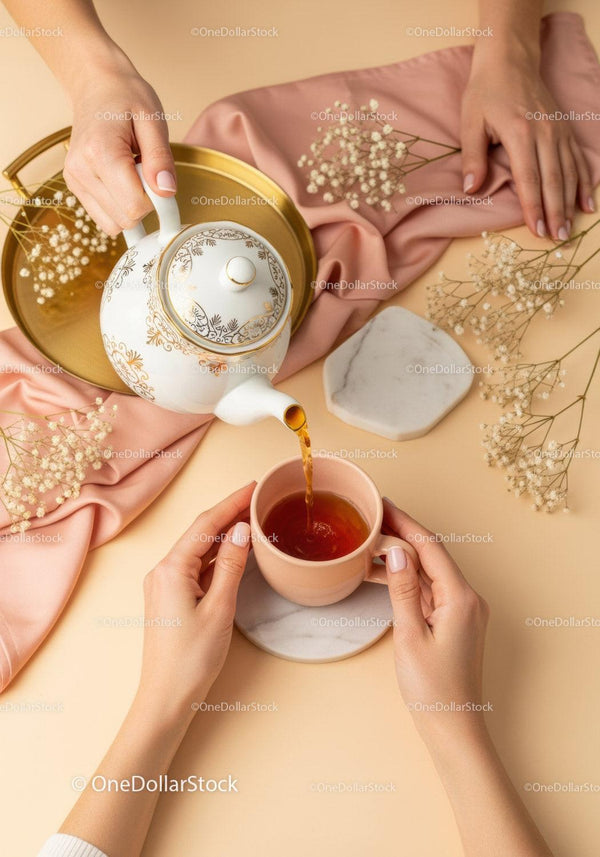 Elegant Tea Scene with Ceramic Teapot and Pink Mug in Soft Pastel Tones