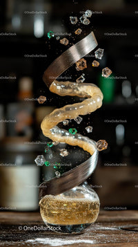 Elegant Sugar Spiral with Glowing Sugar Crystals and Gold Fizz