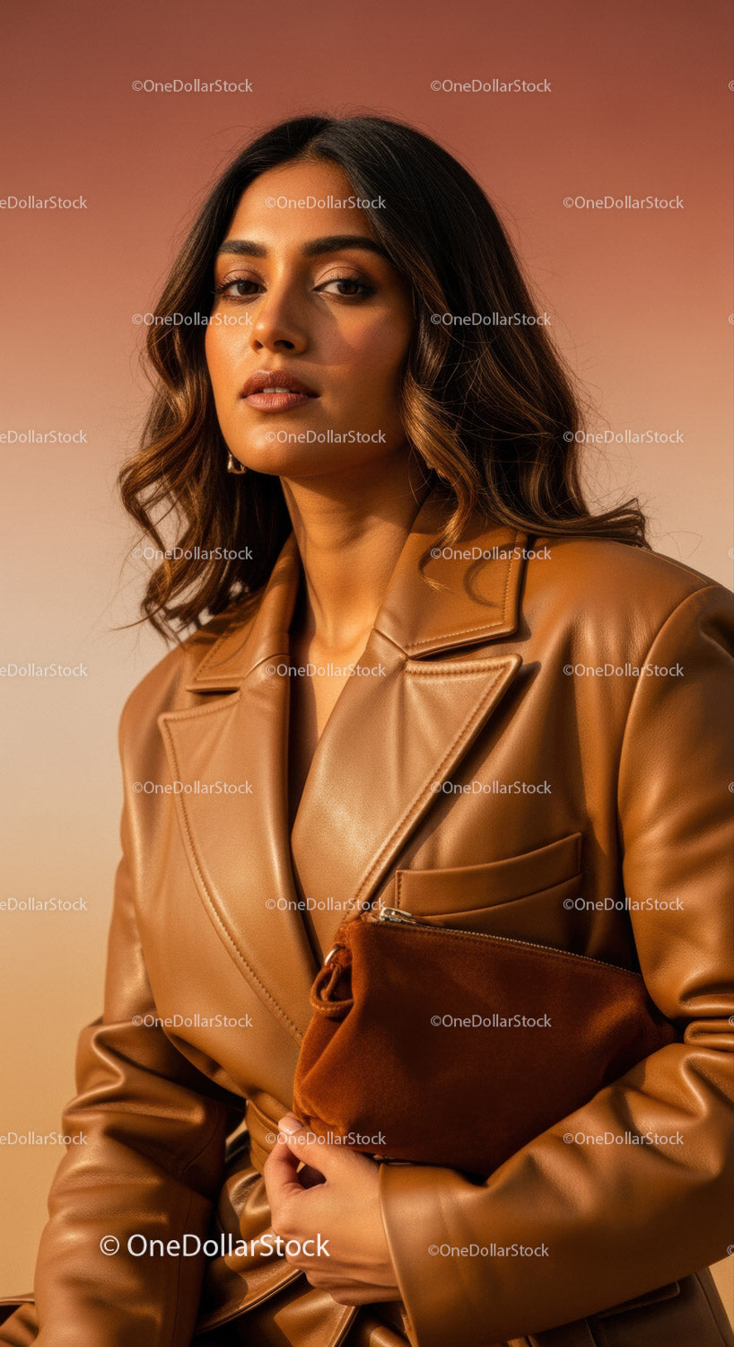 Stylish Woman in Leather Jacket Posing for Fashion Portrait