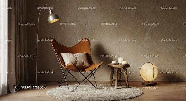 Cozy reading nook with leather butterfly chair and warm lighting