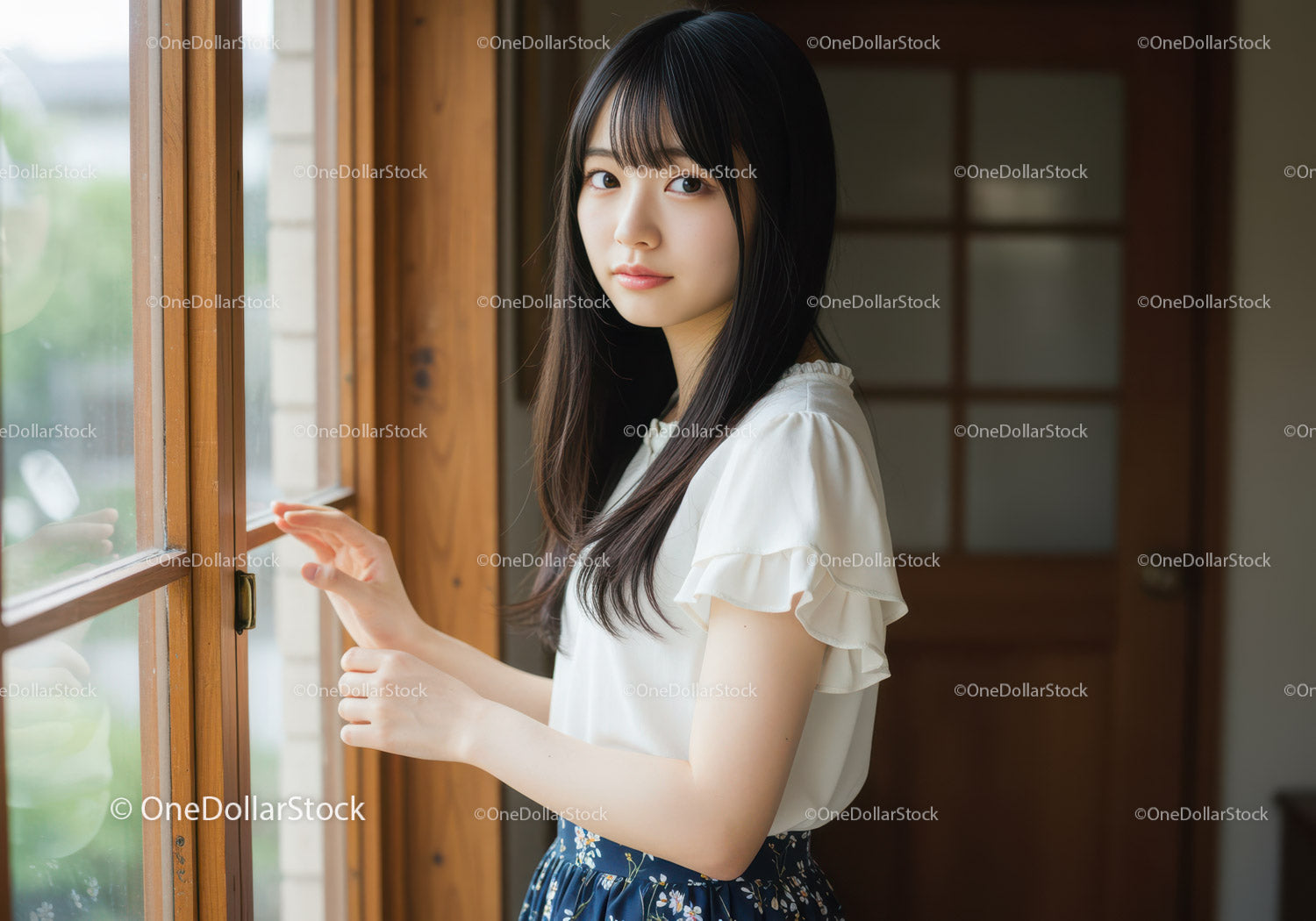Young Woman in White Blouse and Floral Skirt Standing by Window