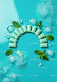 Fresh mint chewing gum with ice on blue background