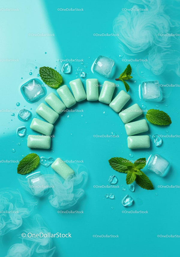 Fresh mint chewing gum with ice on blue background