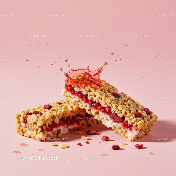 Berry Filled Cereal Bars with Splash on Pink Background
