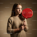 Thoughtful girl holding oversized red lollipop