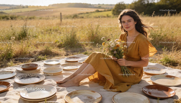 Young woman in mustard dress holding wildflowers outdoors