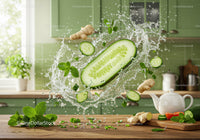 Fresh cucumber splash with ginger and mint in kitchen