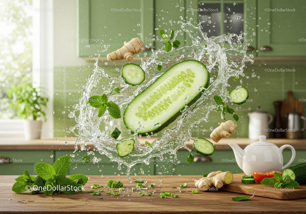 Fresh cucumber splash with ginger and mint in kitchen