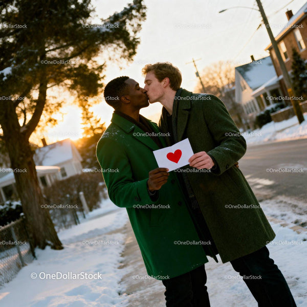 LGBTQ Couple Kissing with Valentine's Card Outdoors