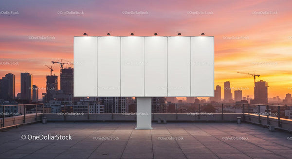 Modern Rooftop Billboard against City Skyline at Sunset JPG Mockup Image