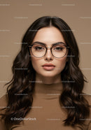Young Woman with Stylish Glasses and Long Wavy Brown Hair