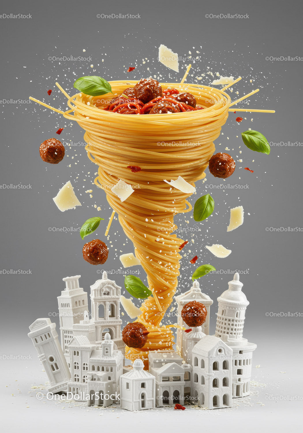Spirala spaghetti z klopsikami na tle miniaturowego pejzażu miejskiego