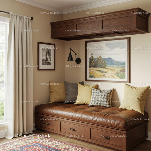 Cozy Living Room with Cushioned Bench and Landscape Art