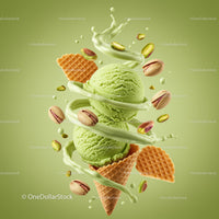 Refreshing pistachio ice cream with waffle cone and nuts