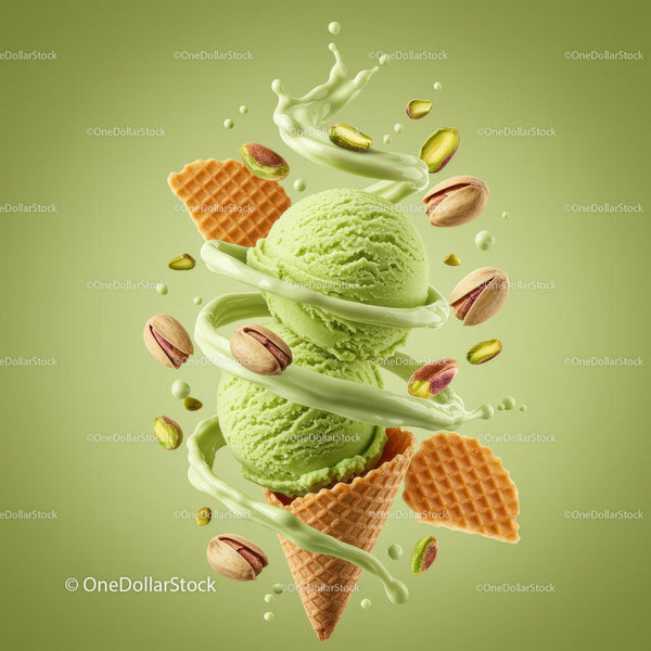 Refreshing pistachio ice cream with waffle cone and nuts