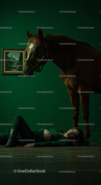Woman Lying on Floor Beside a Horse in Dramatic Green Room