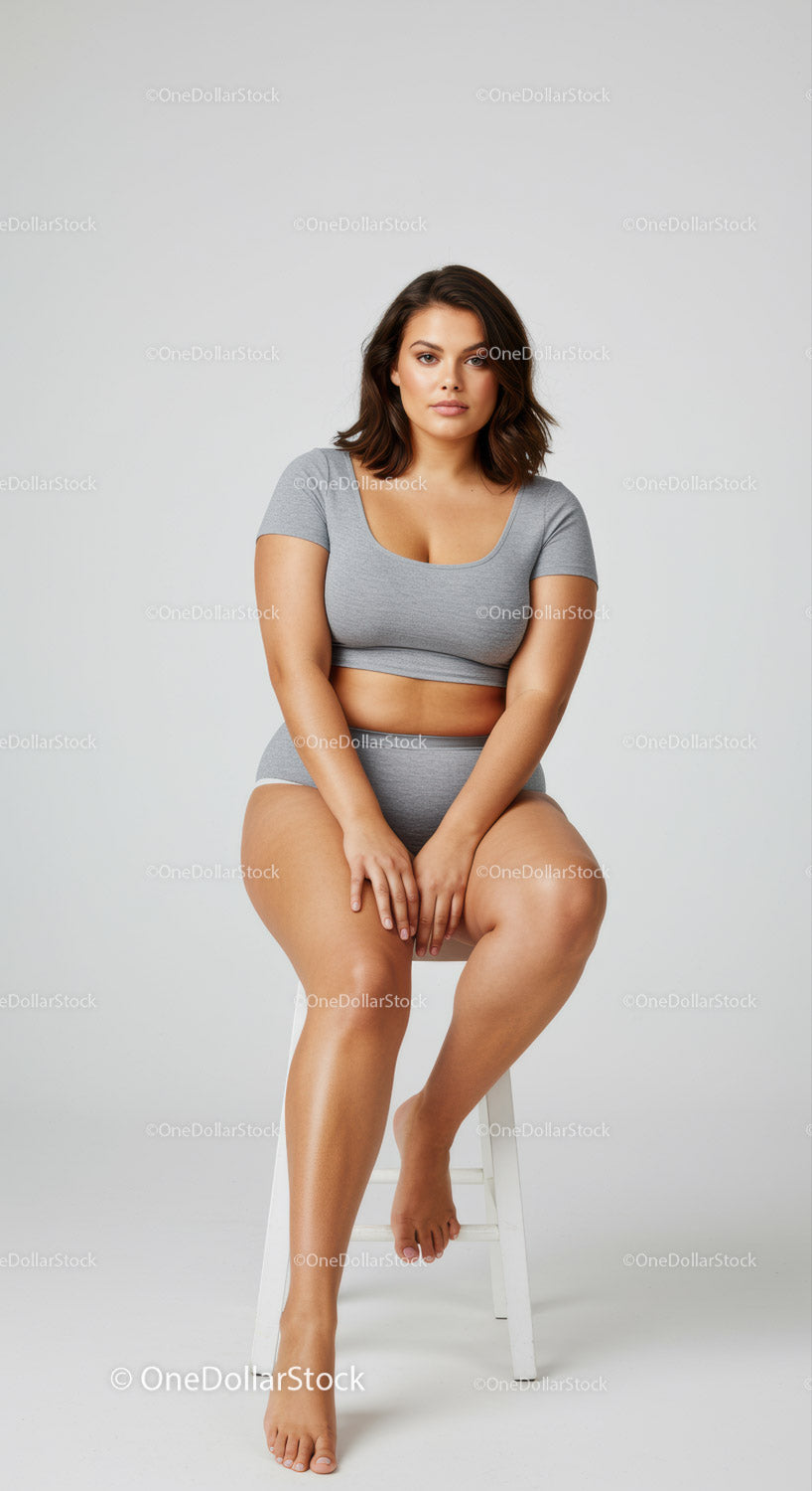Stylish Casual Woman Sitting on Stool Indoor Studio Portrait