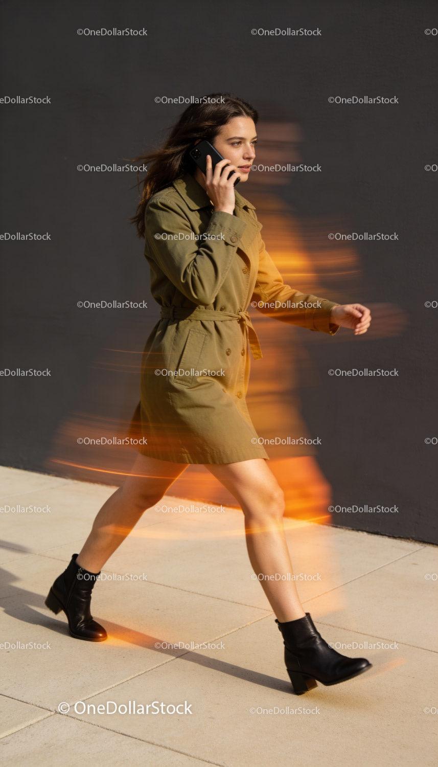 Woman Walking with Phone Wearing Stylish Green Trench Coat