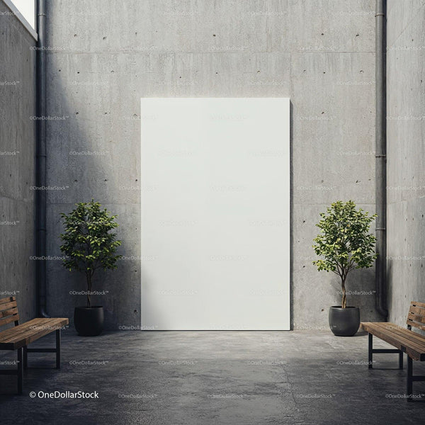 Minimalist outdoor space with blank poster and greenery JPG Mockup Image