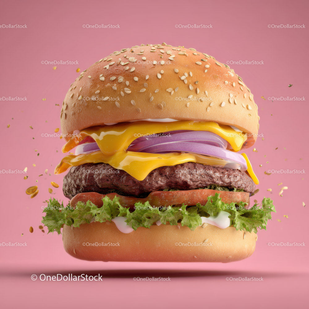 Juicy Cheeseburger with Fresh Ingredients on Pink Background
