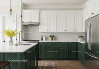 Modern Kitchen with Green Cabinets White Upper Cabinets and Stainless Steel Refrigerator